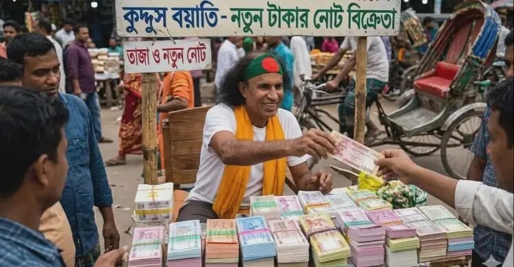 ফুটপাতে নতুন টাকার ব্যাবসা নিয়ে বসেছেন কুদ্দুস বয়াতি।