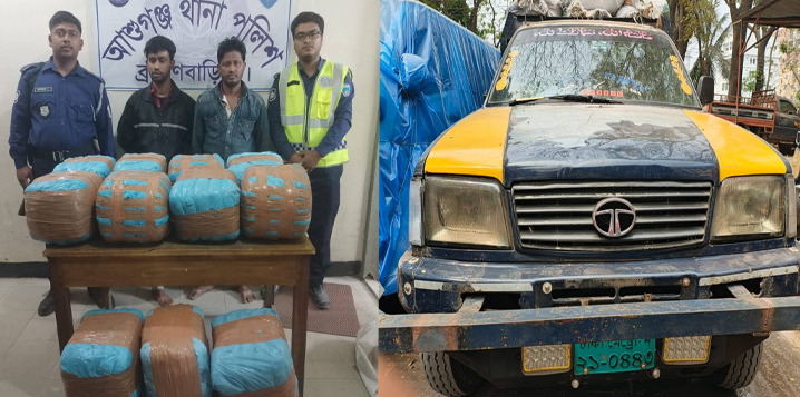 আশুগঞ্জ থানা পুলিশ কর্তৃক ৭০ (সত্তর) কেজি গাঁজা উদ্ধার; পিকআপ সহ ০২ মাদক কারবারী গ্রেফতার: